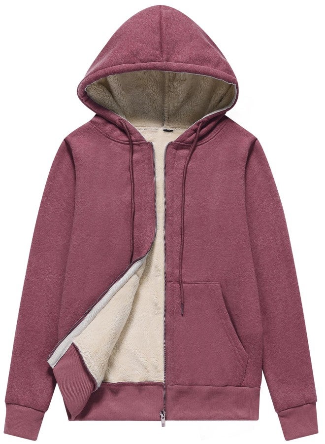 flygo جاكيت شتوي نسائي من Flygo بغطاء رأس وسحاب أمامي، مبطن بصوف الشيربا الدافئ (لون عنابي - مقاس XS) - Image 1